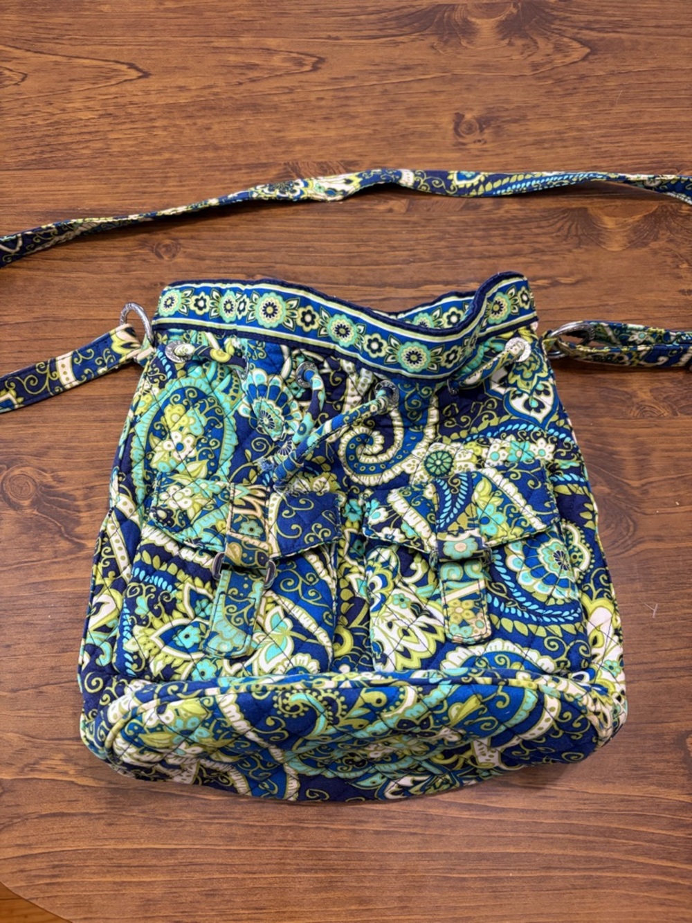 Vera Bradley Mediterranean Blue Drawstring Crossbody Bag Ditty Purse Quilted EUC